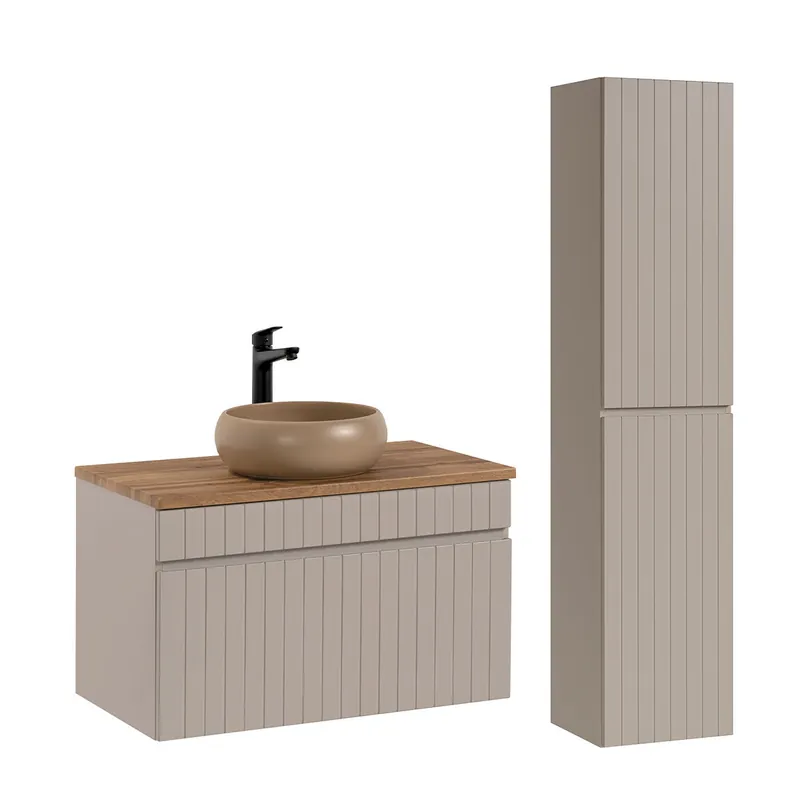Conjunto mueble lavabo individual 80 cm y columna Zelie Cachemira y Madera - Baño