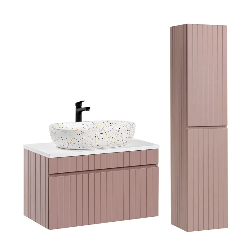 Conjunto mueble lavabo individual 80cm y columna Zelie Rosado y Blanco - Baño