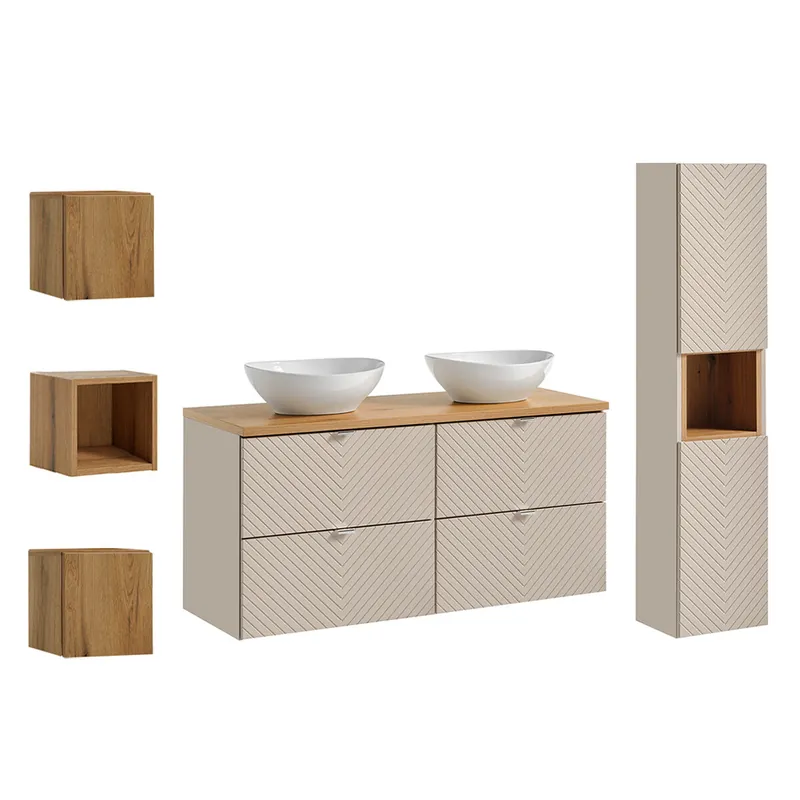 Conjunto de muebles con doble lavabo 120cm columna y 3 armarios de pared Manoa Cachemira y madera - Baño