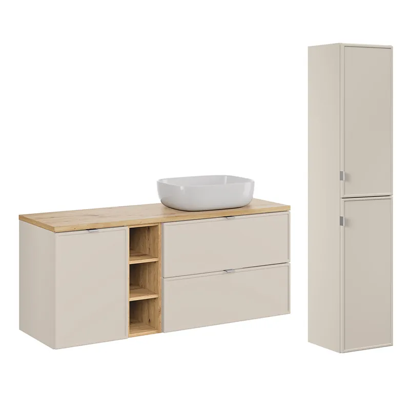 Conjunto de muebles con lavabo individual 140cm 3 compartimientos cesto de ropa y columna Alba Cachemira - Baño