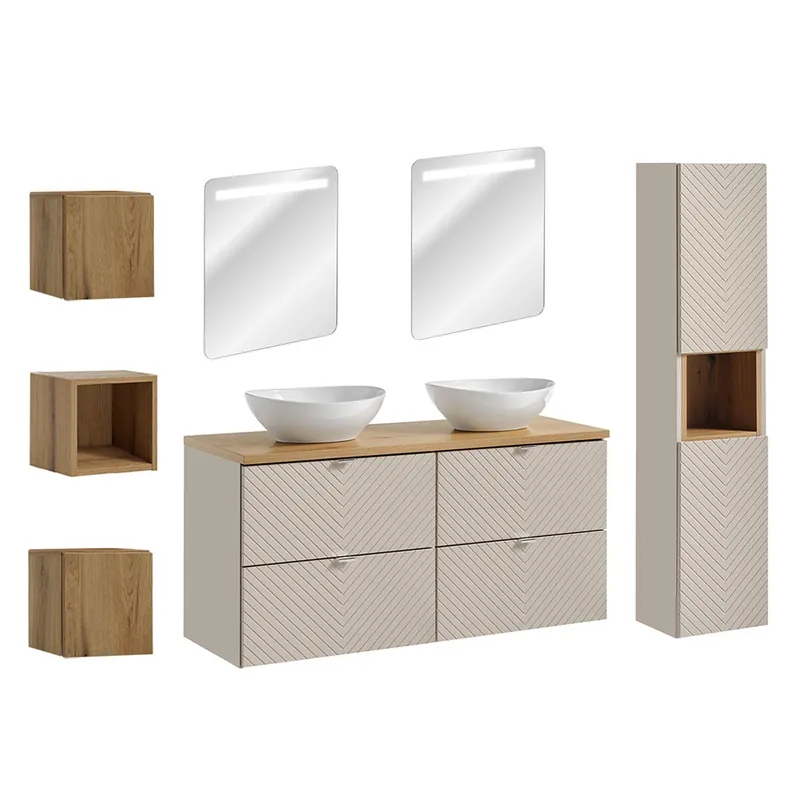 Conjunto de muebles doble lavabo 120cm espejos LED columna y 3 armarios de pared Manoa Cachemira y Madera - Baño
