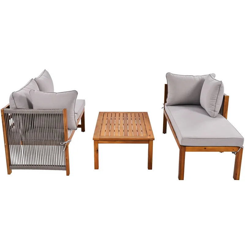 Set de sillas de jardín (3 piezas) - Estructura de acacia, reposabrazos de cuerda gris, muebles de jardín en forma de L con patas ajustables - Gris