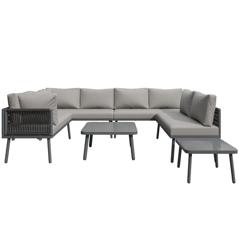 Set de muebles de jardín de hierro + 8 plazas - Sofá en forma de U, 2 mesas, 4 sofás de 2 plazas, cojines incluidos - Gris