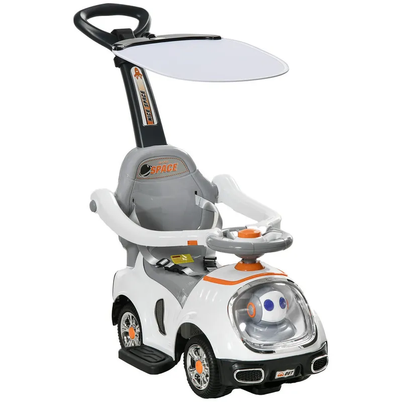 AIYAPLAY Coche Correpasillos 3 en 1 para Niños 12-36 Meses, Correpasillos con Espacio de Almacenaje, Diseño de Robot con Ojos Luminosos, Música, Bocina, Asa de Empuje y Toldo Extraíbles, Blanco