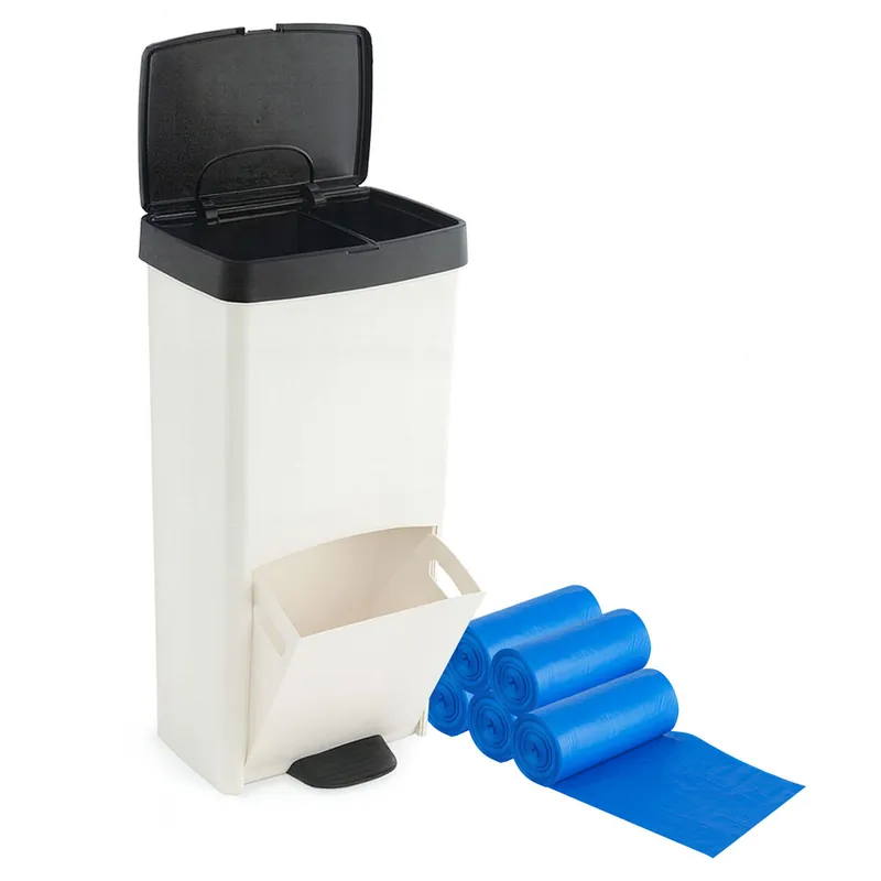 Pack Cubo de basura reciclaje residuos 70L en BLANCO Y NEGRO, VERTICAL 2 Compartimentos 76 cm. INCLUYE 75 bolsas de basura adaptadas: 5 rollos 30L - Baño