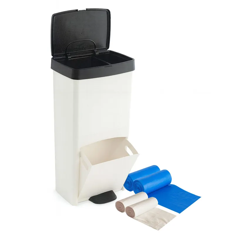 Pack Cubo de basura o reciclaje 70L en BLANCO Y NEGRO, VERTICAL, 2 Compartimentos, 76 cm, fácil gestión, INCLUYE bolsas de basura adaptadas(10L + 30L - Baño