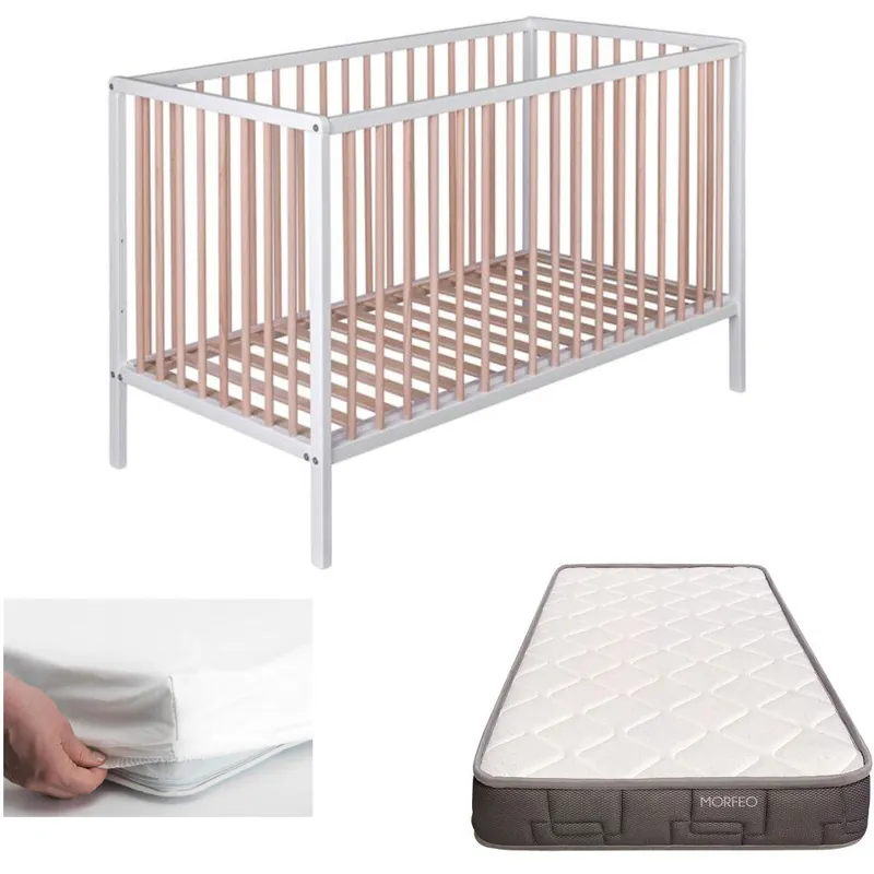 Cuna bebé Laponia con somier de láminas de haya + Colchón Morfeo + protector colchón + 4 ruedas