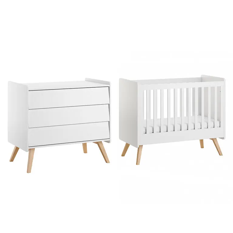 Cuna Vox Vintage Blanca y Madera 60x120 y arcón de 3 cajones - Bebé