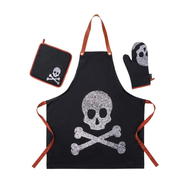 Set Cocina 3 Piezas 100% Algodón 190GSM - Delantal ajustable con bolsillo + Manopla + Agarrador - Con estampado calavera color Negro Scalpers Home