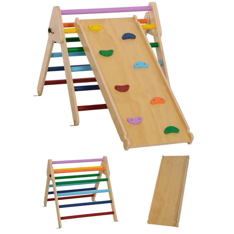 AIYAPLAY 3 en 1 Triángulo de Escalada Montessori, Escalada para Niños de Madera Plegable, para18-48 Meses, con Rampa, para Deslizarse o Escalar, 147x64,5 cm, Multicolor