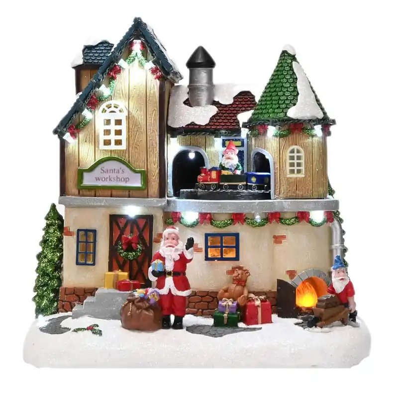 Well Home Escena de Pueblo Navideño con diseño giratorio y 12 Luces LED 21x20,5x14cm - Decoración