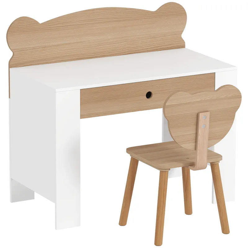 AIYAPLAY Escritorio Infantil con Silla en Forma de Osito Pupitre Infantil con Cajón para Estudiar Leer y Dibujar Mesa para Niños para Dormitorio Sala Estudio Natural - Muebles