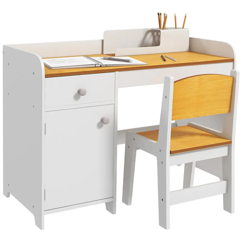 ZONEKIZ Conjunto de Escritorio de 2 Piezas Pupitre Infantil Escritorio para Niños Incluye Silla y Mesa con Cajón y Armario para Dormitorio Sala Blanco y Natural - Muebles