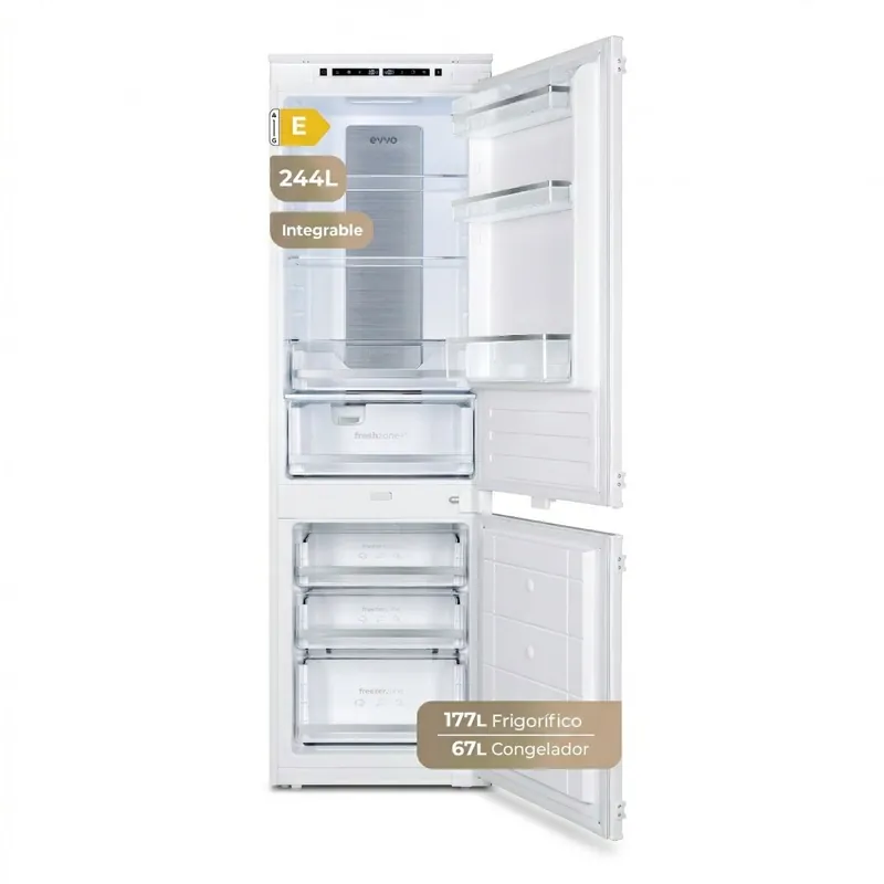 EVVO Frigorífico combi integrable Fi62, 151L+67L, No Frost, Chiller Zone, ECO, Vacaciones, congelación rápida, silencioso. - Electrodomésticos