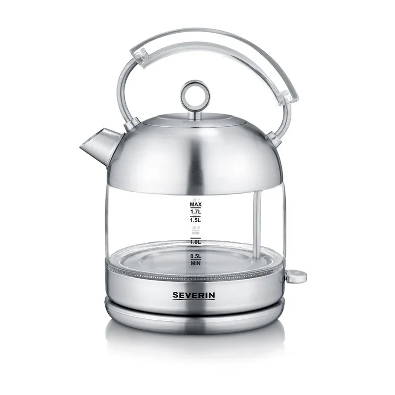 SEVERIN - Hervidor de agua retro , 2.400 W, 1.7 L, Elemento calefactor cubierto por placa de acero inoxidable, Vidrio / Acero inoxidable cepillado, WK 3459