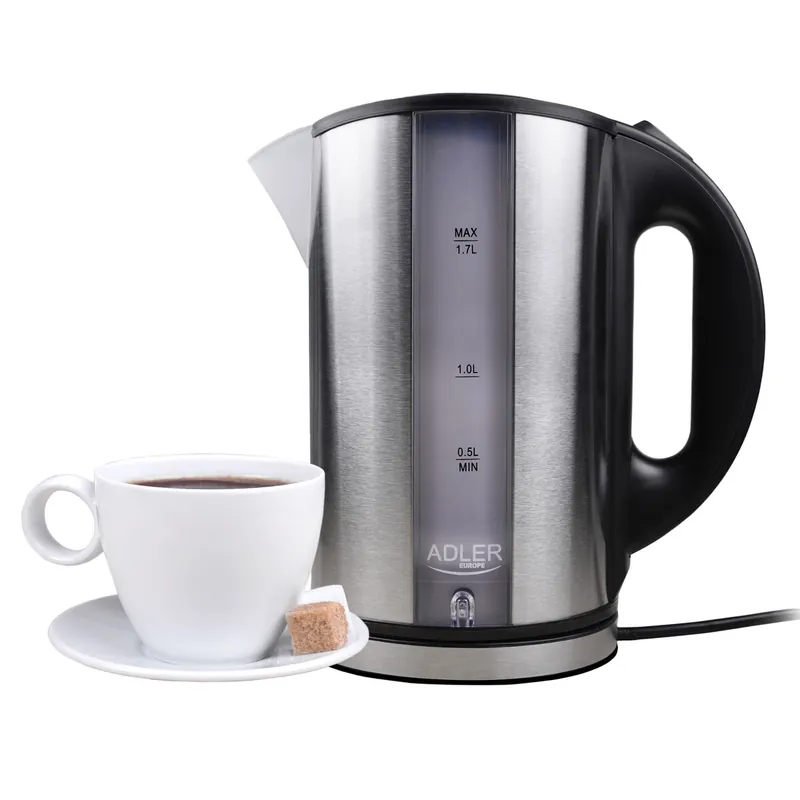 Adler AD 1216 Hervidor Agua Eléctrico, 1,7L, Acero Inox., Resistencia Oculta, Inalámbrico, Apagado Automático, 2200, Plata - Electrodomésticos