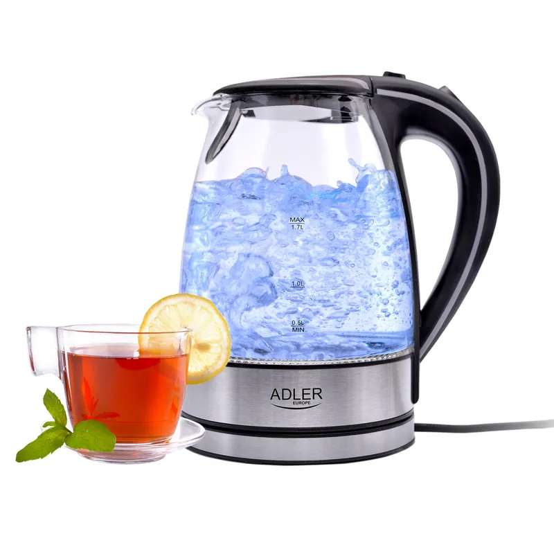 Adler AD1225 Hervidor Agua Eléctrico, 1,7 L, Jarra Cristal, sin BPA, Resistencia Oculta, Inalámbrico, 2200, Transparente - Electrodomésticos