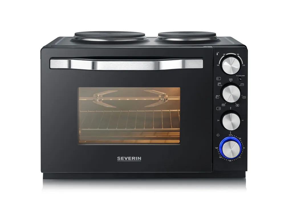 SEVERIN Horno tostador con placas eléctricas, horno eléctrico de sobremesa con temporizador y termostato, horno pequeño con asador para pollos, 30 L 2500 W, negro, TO 2074 - Electrodomésticos