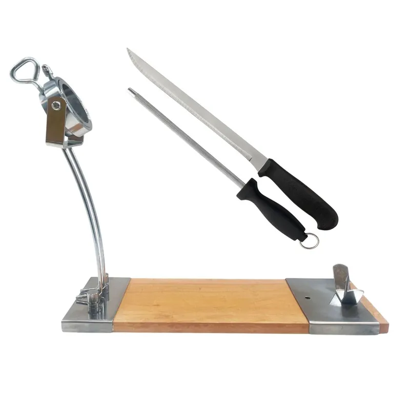 Well Home Jamonero IBERIA Luxe cabezal giratorio, en madera y acero inoxidable + Set de cuchillo Jamonero (25cm) y Chaira (21cm) - Cocina