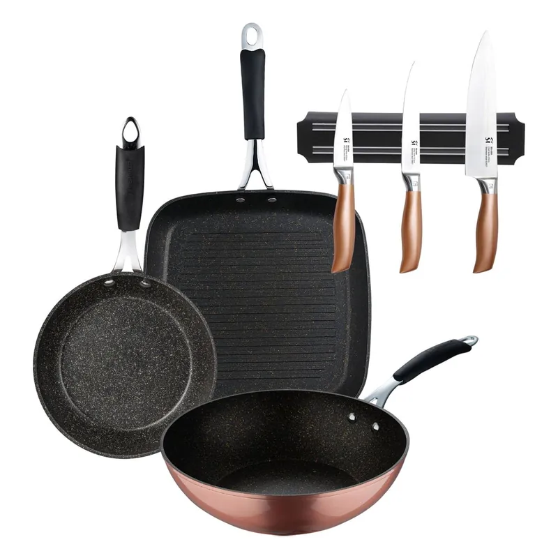 Set de 3 Cuhilllos cocina en acero inox + Sartén Grill 28x28cm + Wok Ø28cm + Sartén Ø20x4,5cm en aluminio forjado con revestimiento Cooper Bergner