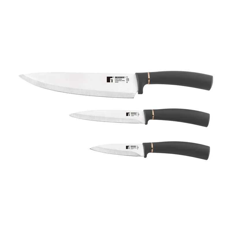 Bergner Copper Set de 3 Cuchillos: Chef 20cm + Multiusos 12,5cm + Pelador 8,75cm - En acero inoxidable de color negro y cobre