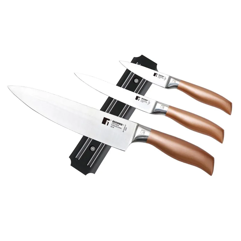 Bergner Copper Set de 3 Cuchillos en acero inoxidable + Soporte magnético de pared - Cocina