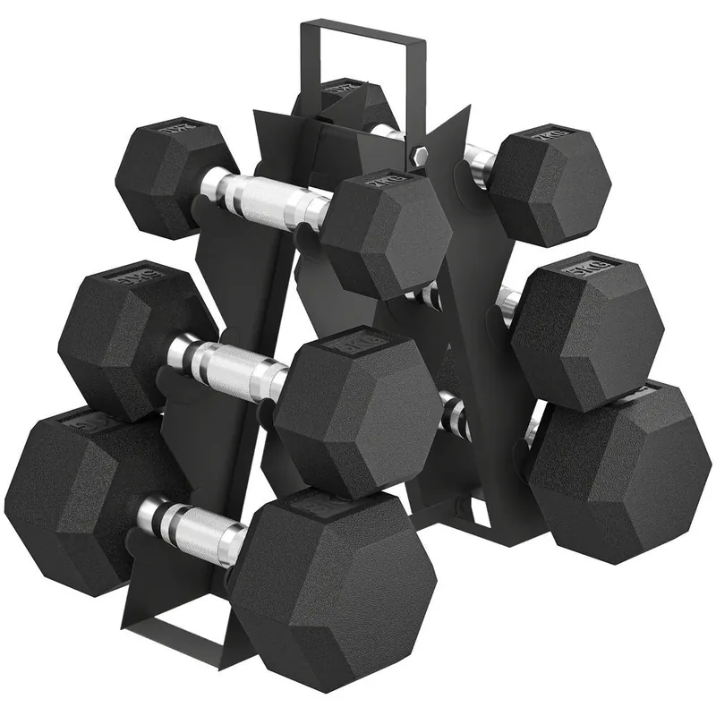 SPORTNOW Juego de Mancuernas de 6 Piezas 30 kg, Mancuernas Hexagonales 2x2kg, 2x5kg, 2x8kg, con Soporte de Almacenamiento y Mango Antideslizante para Entrenamiento en Casa Gimnasio, Negro - Deporte
