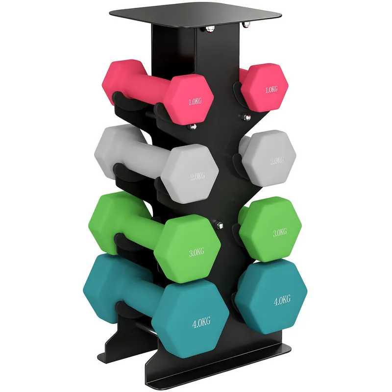SPORTNOW Juego de Mancuernas de 8 Piezas 20 kg, Mancuernas Hexagonales 2x1kg, 2x2kg, 2x3kg, 2x4kg, con Soporte de Almacenamiento y Mango Recto para Entrenamiento de Fuerza en Casa Gimnasio, Multicolor - Deporte
