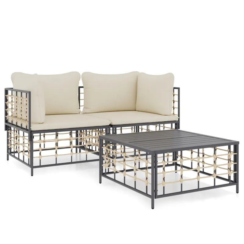 vidaXL Juego de muebles de jardín 3 pzas cojines antracita ratán PE