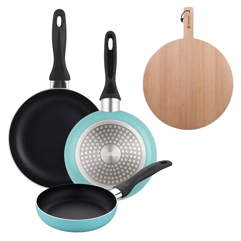 Well Home Set de 3 Sartenes Ø16Ø20Ø24cm de Aluminio prensado en Azul mate+Tabla de corte Redonda de 38x28x1,5cm en madera de haya - Cocina