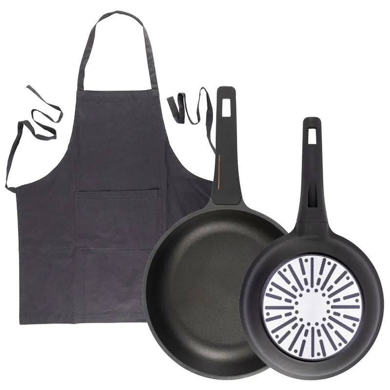 Bergner Juego de 2 Sartenes Ø24Ø28cm en aluminio fundido con mango de baquelita+Delantal de Cocina Gris oscuro 100% Algodón 75x80cm