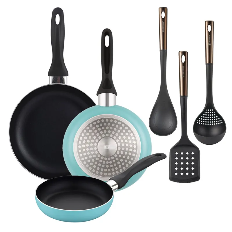 Well Home Set de 3 Sartenes Ø16Ø20Ø24cm de Aluminio prensado en Azul mate+ Set de 3 Utensilios de cocina de PBT negro y cobre