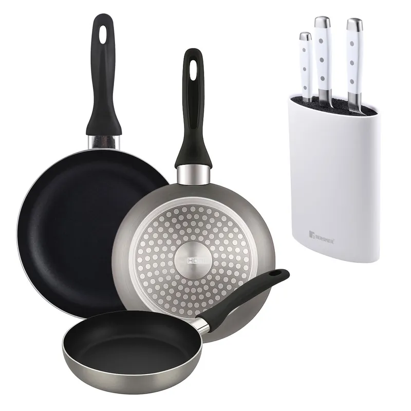 Well Home Set de 3 Sartenes Ø16Ø20Ø24cm de Aluminio prensado en Gris metalizado+Juego de 3 Cuchillos de acero inoxidable + Tacoma en color Blanco - Cocina