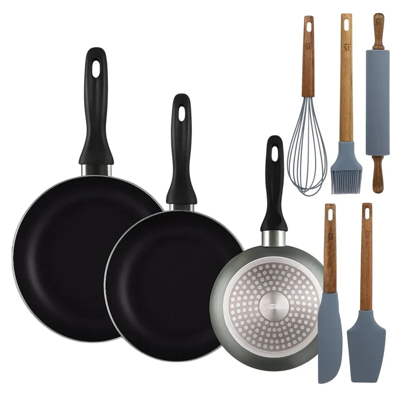 Well Home Set de 3 Sartenes Ø16Ø20Ø24cm de Aluminio prensado en Gris metalizado+Set de 5 Utensilios de Cocina de Silicona y Madera de Acacia