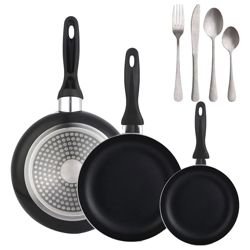 Set 3 sartenes Wellhome 16/20/24 aluminio prensado+Set de 16 Cubiertos en Acero Inoxidable - Cocina