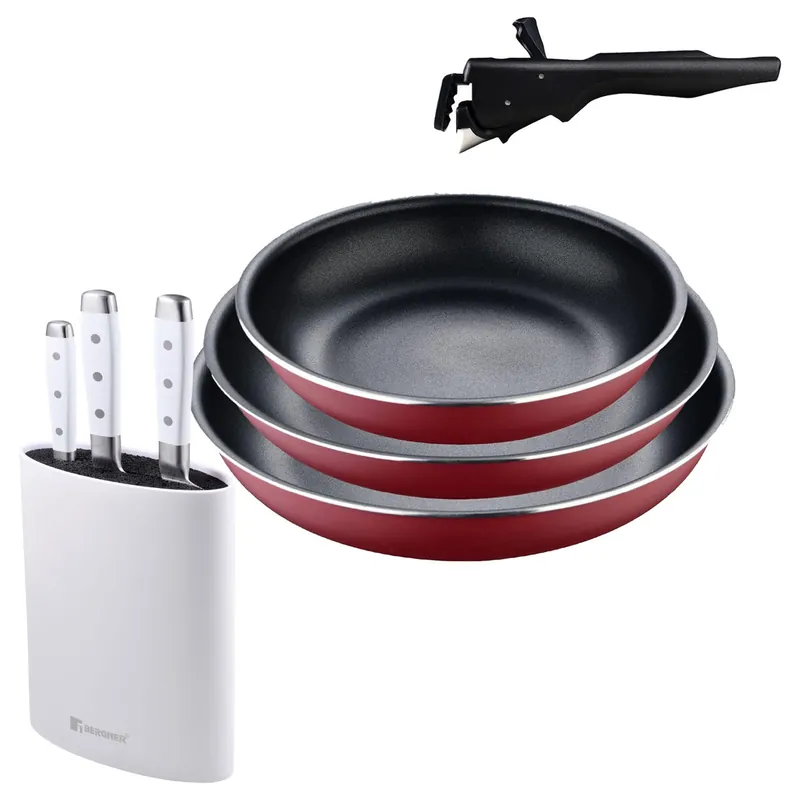 Bergner Click&Cook juego de 3 Sartenes Ø18Ø20Ø24cm Aluminio prensado rojo con Mango extraíble+Juego de 3 Cuchillos de acero inoxidable con Tacoma - Cocina