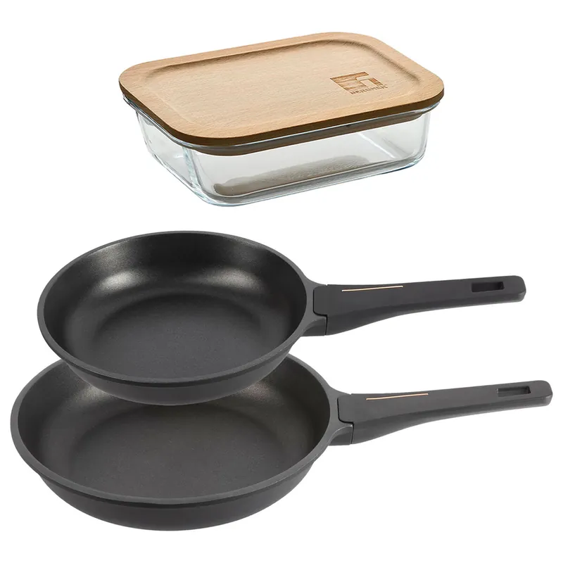 Bergner Juego de 2 Sartenes Ø24Ø28cm en aluminio fundido con mango de baquelita+Hermético de 650ml en vidrio de borosilicato - Cocina