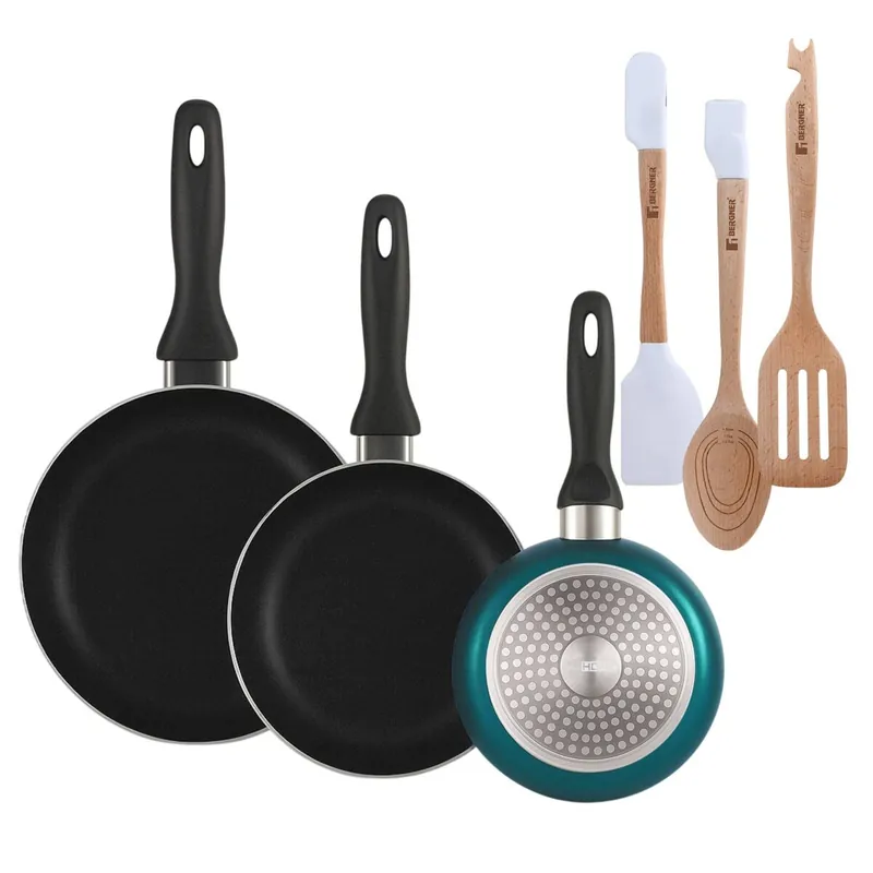 Well Home Set de 3 Sartenes Ø16Ø20Ø24cm de Aluminio prensado en Azul metalizado+Juego de 3 Utensilios de cocina en silicona y madera