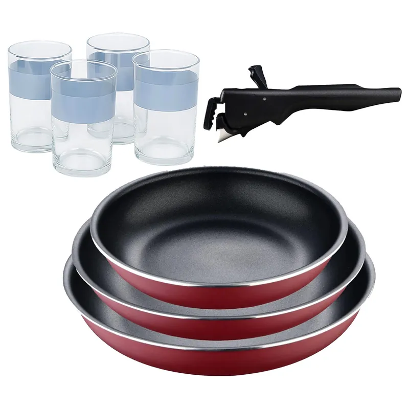 Bergner Click&Cook juego de 3 Sartenes Ø18Ø20Ø24cm Aluminio prensado rojo con Mango extraíble+Juego de 4 Vasos de 0,5L - Cocina