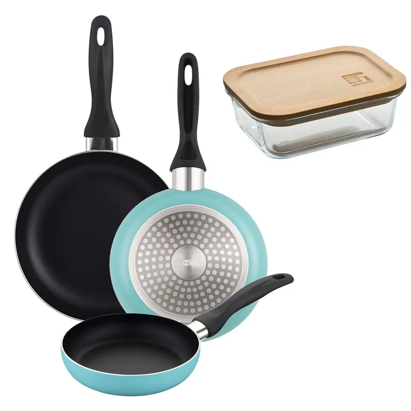 Well Home Set de 3 Sartenes Ø16Ø20Ø24cm de Aluminio prensado en Azul mate+Hermético de 650ml en vidrio de borosilicato - Cocina