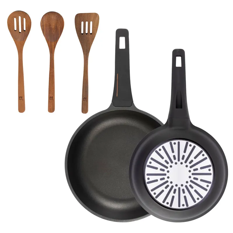 Bergner Juego de 2 Sartenes Ø24Ø28cm en aluminio fundido con mango de baquelita+Set 3pc utensilios cocina madera acacia