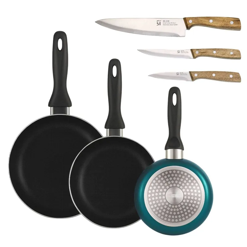 Well Home Set de 3 Sartenes Ø16Ø20Ø24cm de Aluminio prensado en Azul metalizado+Set de 3 cuchillos de acero inoxidable para cocina