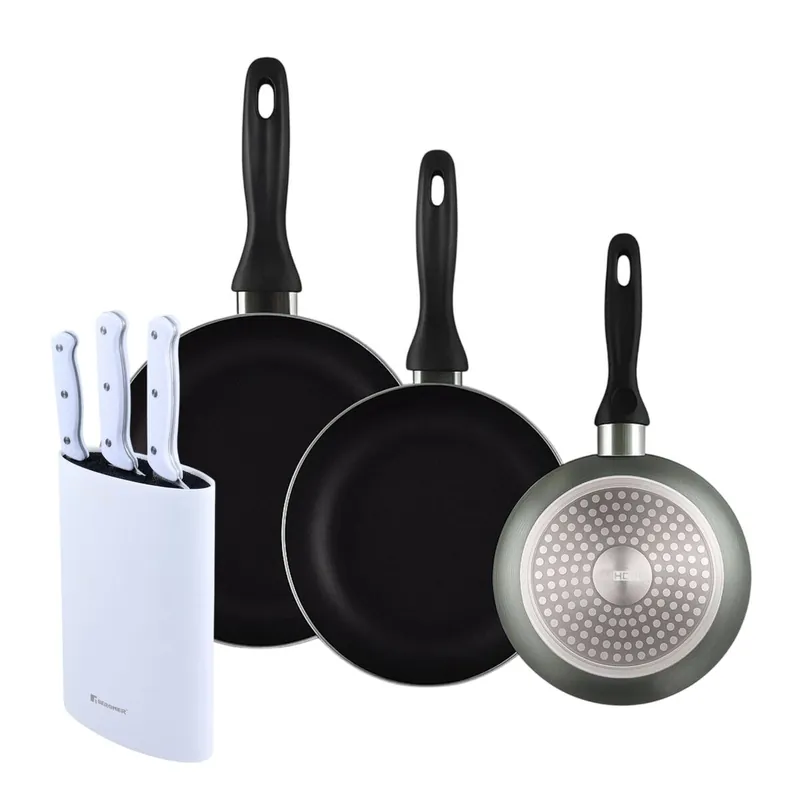 Well Home Set de 3 Sartenes Ø16Ø20Ø24cm de Aluminio prensado en Gris metalizado+Set de 3 Cuchillos con Tacoma en Acero inoxidable - Cocina