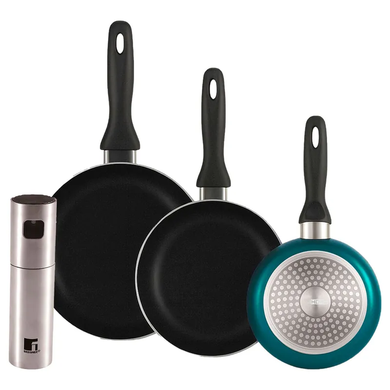 Well Home Set de 3 Sartenes Ø16Ø20Ø24cm de Aluminio prensado en Azul metalizado+Pulverizador de Aceite y vinagre Ø4x17,5cm en acero inoxidable - Cocina