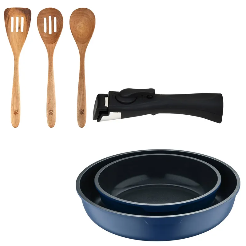 Bergner Click&Cook Juego de 2 Sartenes Ø22Ø26cm Aluminio fundido Azul con Mango desmontable+Set 3pcs utensilios de cocina acacia