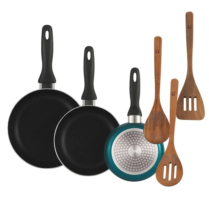 Well Home Set de 3 Sartenes Ø16Ø20Ø24cm de Aluminio prensado en Azul metalizado+Set 3pc utensilios cocina madera acacia