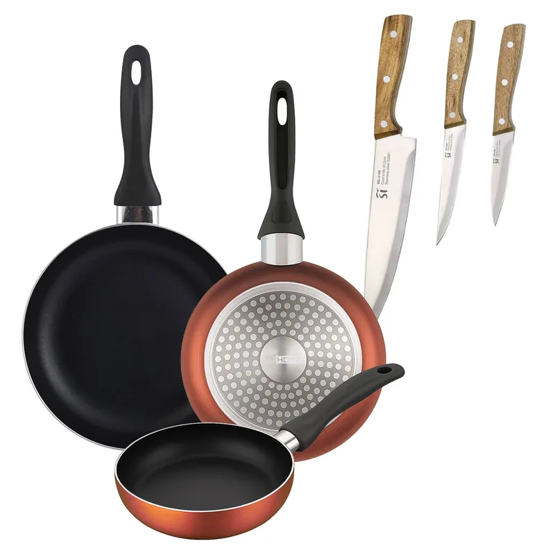 Well Home Set de 3 Sartenes Ø16Ø20Ø24cm de Aluminio prensado en Cobre metalizado+Set de 3 cuchillos de acero inoxidable para cocina