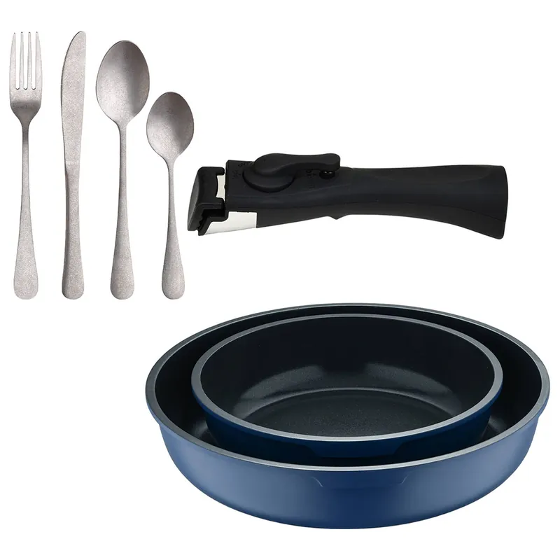 Bergner Click&Cook Juego de 2 Sartenes Ø22Ø26cm Aluminio fundido Azul con Mango desmontable+Set de 16 Cubiertos en Acero Inoxidable - Cocina