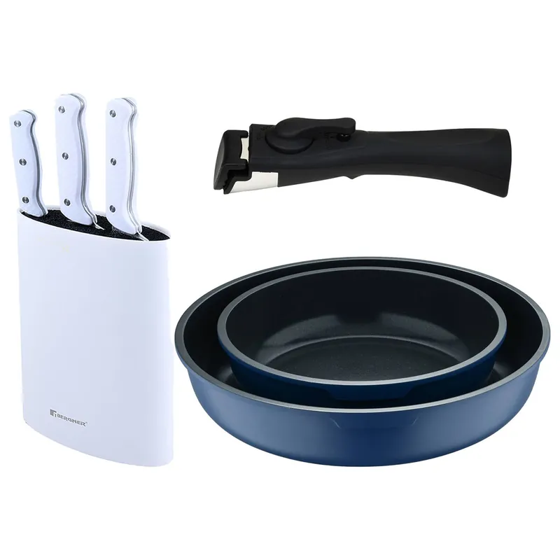 Bergner Click&Cook Juego de 2 Sartenes Ø22Ø26cm Aluminio fundido Azul con Mango desmontable+Set de 3 Cuchillos con Tacoma en Acero inoxidable - Cocina