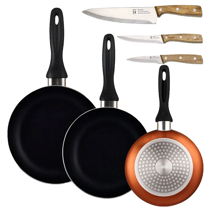 Well Home Set de 3 Sartenes Ø16Ø20Ø24cm de Aluminio prensado en Bronce metalizado+Set de 3 cuchillos de acero inoxidable para cocina